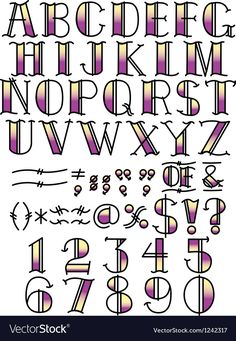 an old fashioned alphabet with numbers and letters in purple, white and yellow colors on a white