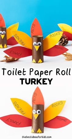 toilet paper roll turkey craft with the words toilet paper roll turkey on it and an image of