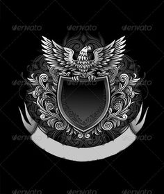 an eagle emblem on a black background with silver scroll and white swirls around it