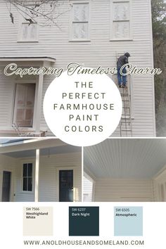 the perfect farmhouse paint colors for your home and garden, including white houses with blue shutters