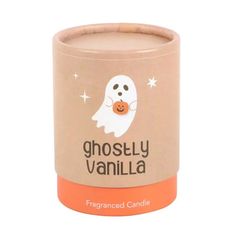 an orange candle holder with a ghosty vanilla on it