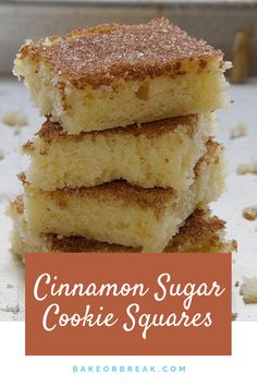 three pieces of cinnamon sugar cookie squares stacked on top of each other with text overlay