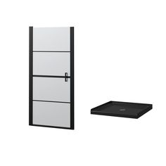 a black and white door next to a shelf with a drawer on the bottom floor