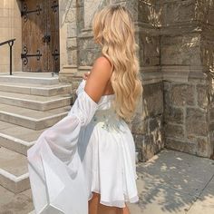 Mini Dresses, Fashion off shoulder long sleeve mini dress Blonde Hair Dress Outfit, Blonde Hair White Dress, Mini Dresses Online, Mode Casual, Mode Inspo, Long Sleeve Mini, Blonde Girl, Long Sleeve Mini Dress, Gossip Girl