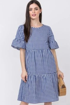 Made in the USA 100% Cotton Last piece 3X: Bust 47" Length 42" Gingham Fashion, Fancy Frocks, Fancy Gowns, Checkered Dress, Womens Shift Dresses, Tiered Midi Dress, Blue Gingham, Fashion Tips For Women, Fall Fashion Outfits