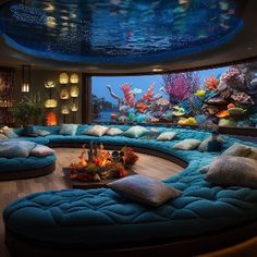 a living room filled with blue couches and an aquarium in the middle of it