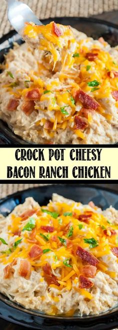 crock pot cheesy bacon ranch chicken in a skillet with a spoon