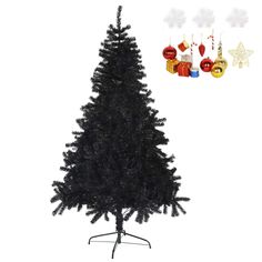 a black christmas tree with ornaments hanging from it's sides and an ornament on the top