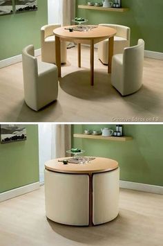 two pictures of the same table and chairs in different rooms, one with green walls