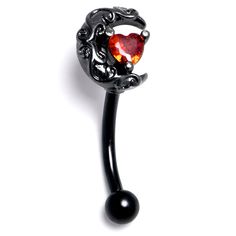 a black nose ring with a heart shaped stone on the top and an orange crystal in the middle