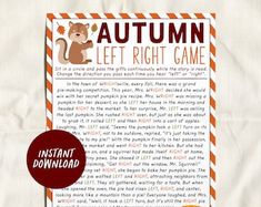 an autumn left right game is shown with the words instant read and play on it