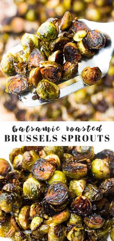 brussel sprouts on a spoon with the words, organic roasted brussels sprouts