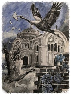 a drawing of two birds flying over a building