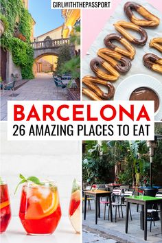 the cover of barcelona 26 amazing places to eat with text overlaying photos of outdoor dining tables and patios