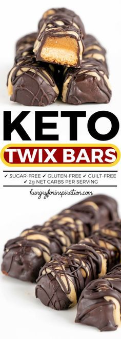 chocolate covered cookies stacked on top of each other with the words keto twix bars