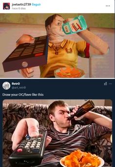 a man drinking from a bottle while sitting on top of a couch next to a calculator