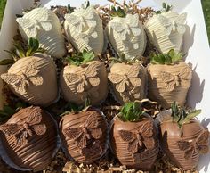 chocolate covered strawberries in the shape of heads and faces with plants growing out of them