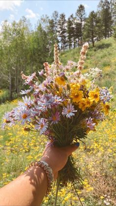 a person's hand holding a bouquet of wildflowers and daisies in a field