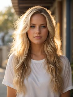 a woman with long blonde hair standing in front of a building and looking at the camera