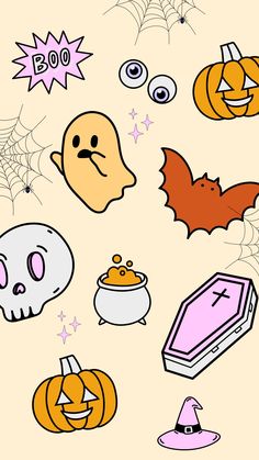 an image of halloween stickers on the wall with pumpkins and ghost heads in it