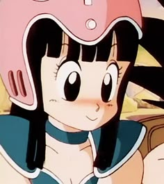 a cartoon girl wearing a pink helmet and blue dress