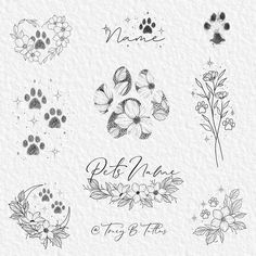 some flowers and paw prints on a white paper with the words, name and date