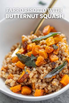 Farro Risotto with Butternut Squash Butternut Squash And Farro Recipes, Farrow Recipes, Risotto With Butternut Squash, Farro Risotto, Thanksgiving Vegan, Fried Sage, Food Sides, Dairy Free Soup