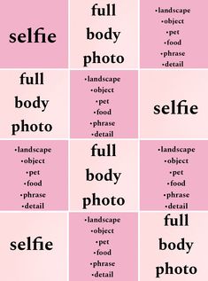 an image of different types of words in the same language, including selfie and full body photo