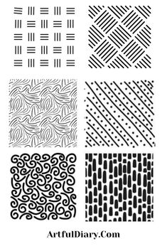 four different patterns in black and white with the words artful diary written below them