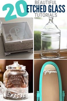 some glass jars are shown with the words 20 beautiful etched glass items on them,