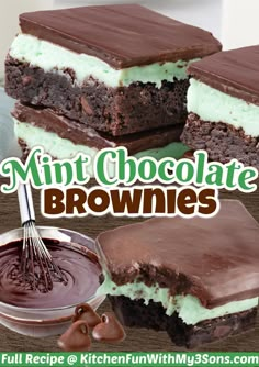 chocolate brownies with mint green frosting are stacked on top of each other and the words, mint chocolate brownies