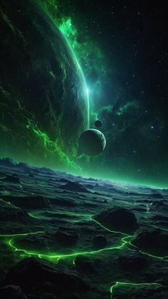 an alien planet with glowing green lights in the sky and rocks on the ground below