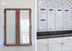 two pictures side by side, one with white cabinets and the other with gold polka dots