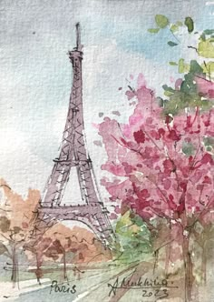 a painting of the eiffel tower in paris, france with trees and flowers