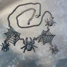 Black Diamond Encrusted Spiders With Spider Webs And Black Diamond Accents! Nwot! Stunning Halloween Necklace! Adjustable Chain! All Sales Are Final So Please Ask Any Questions You Have! Thank You! Spider Web Necklace, Web Necklace, Royal Au, Fantasy Crown, Goth Things, Halloween Necklace, Spider Webs, Diamond Chain, Spiders