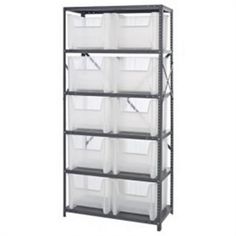 an industrial shelving unit with plastic bins