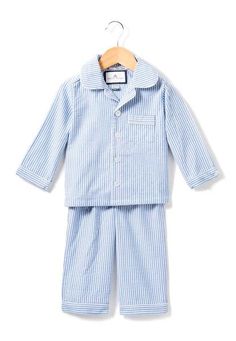 Blue Seersucker Pajamas Set – Little Birdies Boutique™ Striped Pyjamas, Girls Stripes, French Blue, Kids Pajamas, Pearl Buttons, Woven Cotton, Classic Blue, Night Gown, Piping