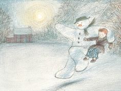 a drawing of two children playing in the snow with a snowman on their back