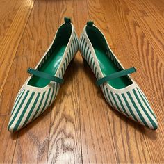 I’m Kind Of Obsessed With These And Wouldn’t Be Selling If They Were My Size! Fabulous Green And Cream Pointy-Tied Shoes With A Slight Wedge And A Single Strap. Tried On But Never Worn. Size 7. (Bin D) Shoes Green, My Size, Green Cream, Womens Shoes Wedges, Green Stripes, Wedges, Size 7, Women Shoes, Cream