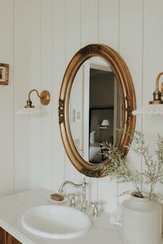 a bathroom sink sitting under a mirror next to a wall mounted faucet with a plant in it