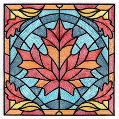 a stained glass window with leaves in the center and blue, red, yellow and orange colors