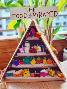 the food pyramid is made out of cardboard and has stickers on it that read, the food pyramid