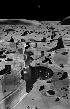 an artist's rendering of a futuristic city on the moon, with lots of small structures