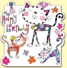 a birthday card with cats and flowers on it