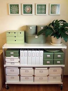 a white shelf with green and white boxes on top of it next to a potted plant