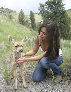 a woman petting a baby deer on the side of a hill with trees in the background