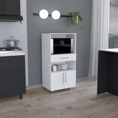 a kitchen area with a microwave, sink and cabinets in grey and white color scheme