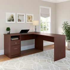 a computer desk in an empty room with a potted plant on the floor and pictures hanging on the wall