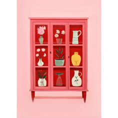 a red cabinet filled with vases and flowers