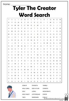 the word search for tyler the creator is shown in this printable worksheet